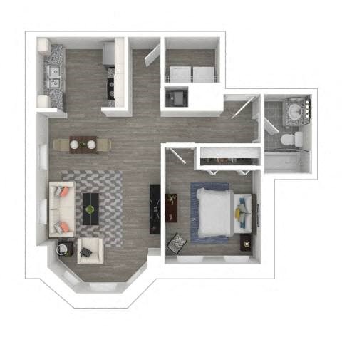A top-down view of a modern apartment layout with a living room, kitchen, and bedroom.